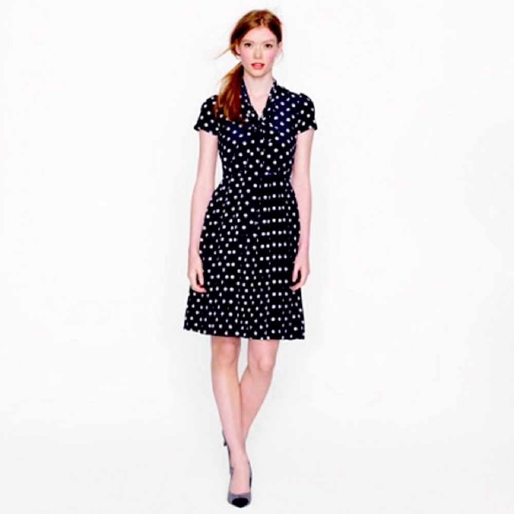 JCrew Navy Polka Dot Silk Dress Tie Neck Size 14